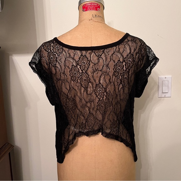 Black Emma & Sam Lace Panel Cropped Short Sleeve T-Shirt Top - Picture 1 of 7